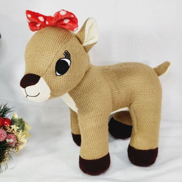Dan Dee Clarice Reindeer Christmas Plush 11" Knit Stuffed Animal Red White Bow - Picture 9 of 9